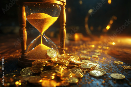 Time is Money, Hourglass with Golden Sand Stacked with Gold Coins, Countdown or Deadline, Urgency in Business