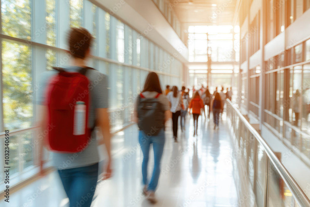 Dynamic scene of young students hurrying through a contemporary educational space, vibrant atmosphere, energy of campus life Dynamic scene of young students hurrying through a contemporary educational space, vibrant atmosphere, energy of campus life