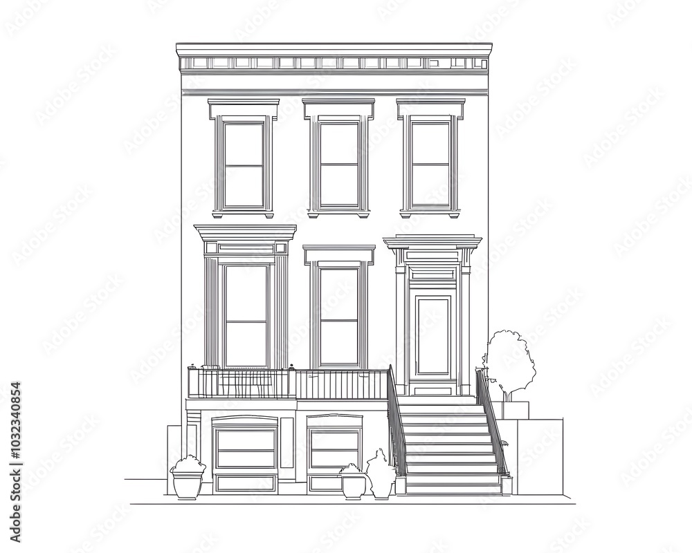Minimalist Line Drawing of Classic New York Brownstone with Clean Lines and White Background Minimalist Line Drawing of Classic New York Brownstone with Clean Lines and White Background