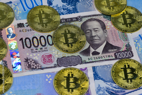 Japanese Yen New Note and a coin symbolizing Bitcoin photo