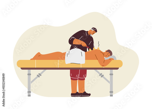 Vector illustration a masseur and a male patient on a couch, who is being massaged