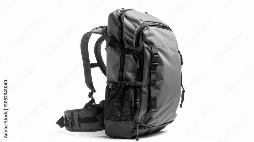 Gray Backpack Side View Isolated on White Background for Travel and School Use Gray Backpack Side View Isolated on White Background for Travel and School Use