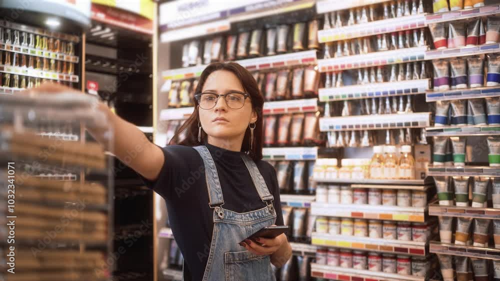 Young woman using smartphone while browsing art supplies in a store. Focused customer inspecting products and placing items back on the shelf Young woman using smartphone while browsing art supplies in a store. Focused customer inspecting products and placing items back on the shelf