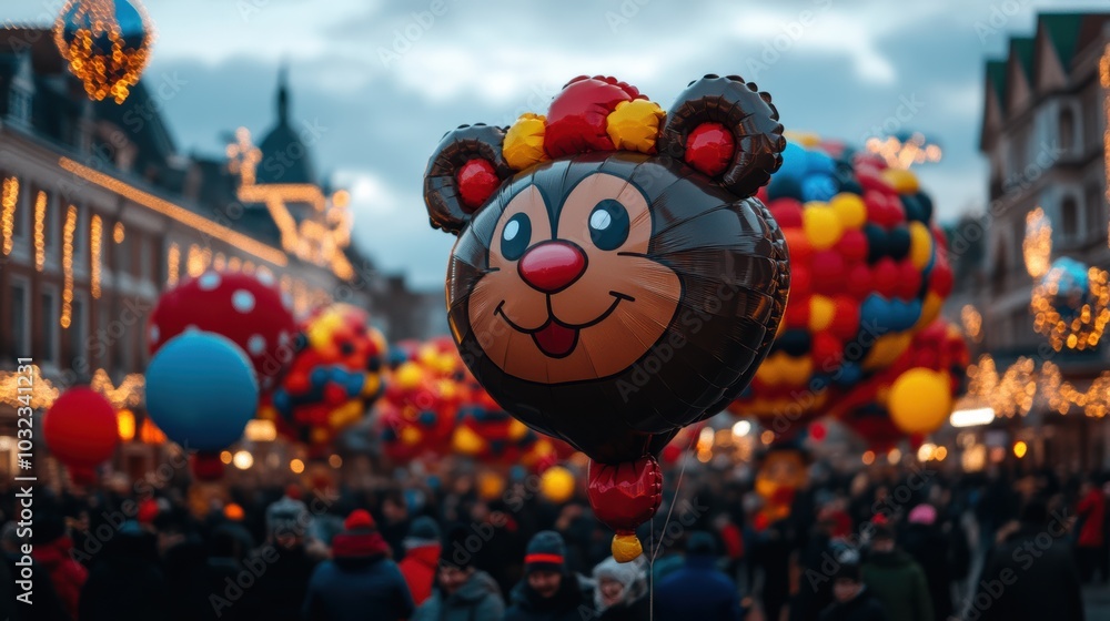 A cheerful bear-shaped balloon floats above a bustling festive street market, surrounded by lights, colorful balloons, and crowds of people. A cheerful bear-shaped balloon floats above a bustling festive street market, surrounded by lights, colorful balloons, and crowds of people.