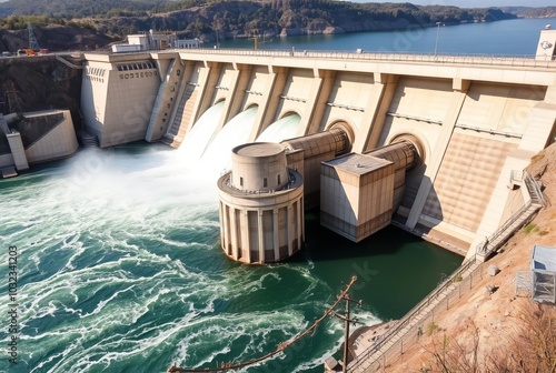 Hydroelectric dam A large concrete structure with water flowing