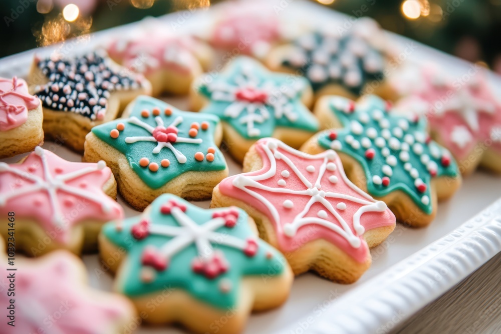 Close-up of colorful Christmas cookies with intricate icing on a minimalist white tray
Close-up of colorful Christmas cookies with intricate icing on a minimalist white tray