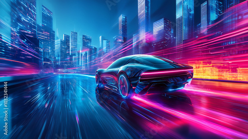 sleek futuristic car racing through glowing neon cityscape with high tech design and dynamic motion