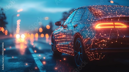 A futuristic car glows with digital patterns as it travels along a brightly lit city road, showcasing advanced technology and modern transportation innovation.