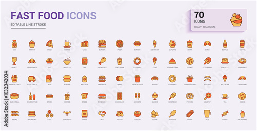 Fast food colorful line icons set. Related to Burger, donut line and solid color icon collection for web and ui. Outline symbol pack, Icon names are written in English.