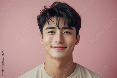 Portrait of young handsome asian beauty smile man isolated background, Generative AI
