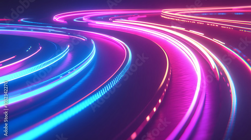 Futuristic highway, digital racetrack, glowing with vibrant neon light trails