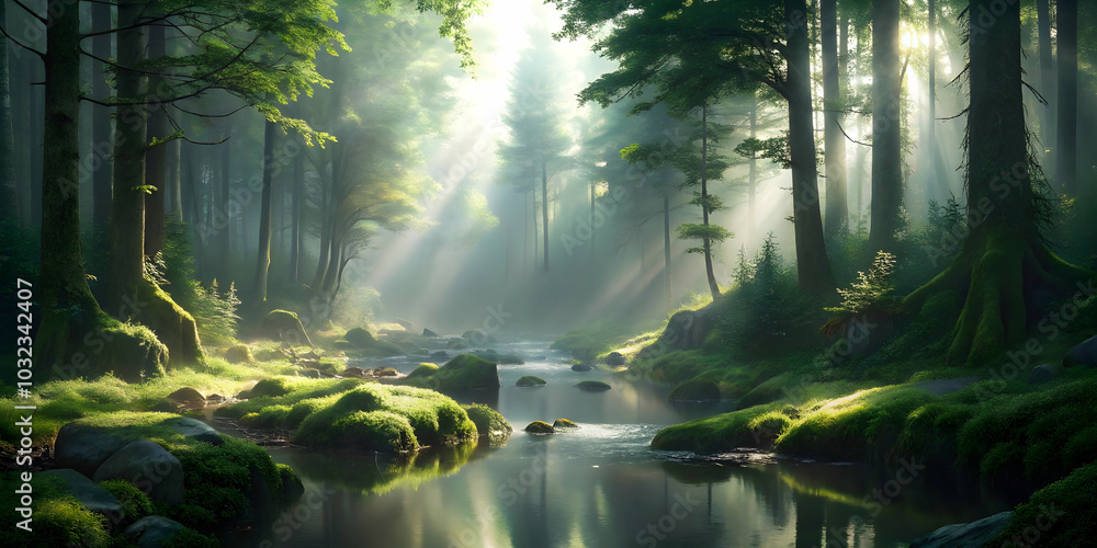 Obraz premium Sunlit Forest Stream: A tranquil scene of a sun-dappled forest stream, sunlight filtering through the trees, creating a magical, serene atmosphere.