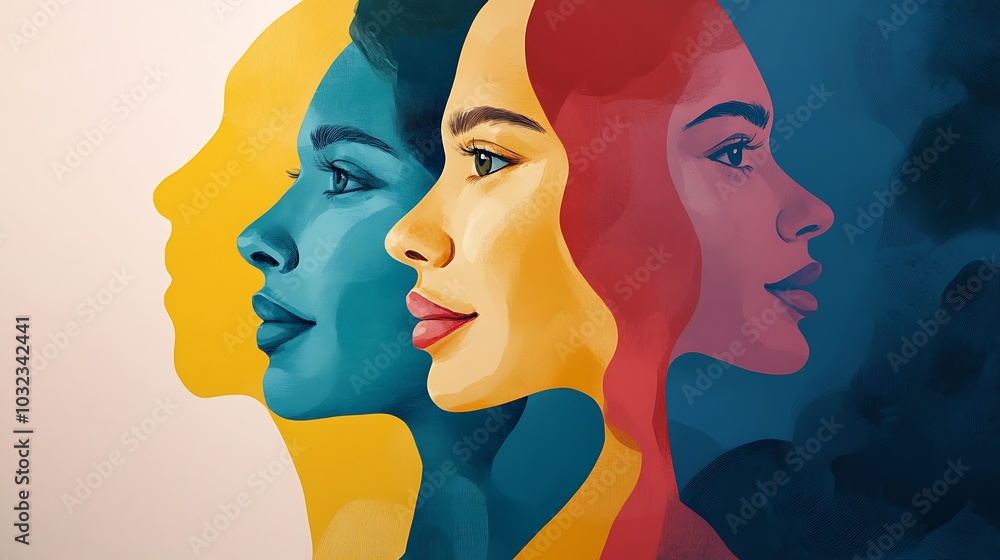 Three women's faces in profile, layered with contrasting colors. Three women's faces in profile, layered with contrasting colors.