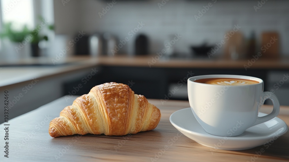 Coffee and Croissant on a Wooden Table Coffee and Croissant on a Wooden Table