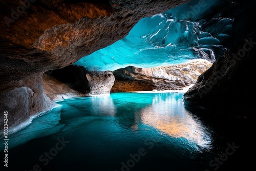 Glacier caves in VatnajÃ¶kull, glowing with blue ice under soft ambient light photo