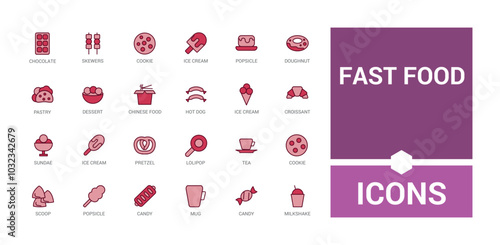 Fast food colorful line icons set. Related to Burger, donut line and solid color icon collection for web and ui. Outline symbol pack, Icon names are written in English.