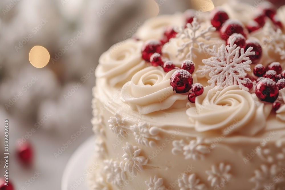 Close-up of decorated Christmas cake with icing details on an elegant holiday table
Close-up of decorated Christmas cake with icing details on an elegant holiday table