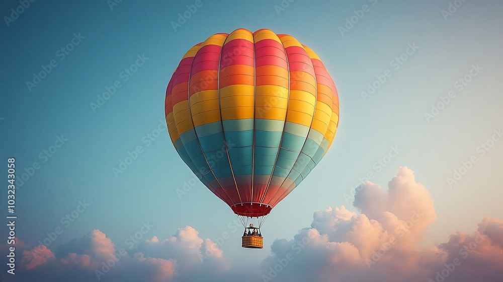 Naklejka premium Colorful hot air balloon soaring through the sky, surrounded by clouds, at sunset.