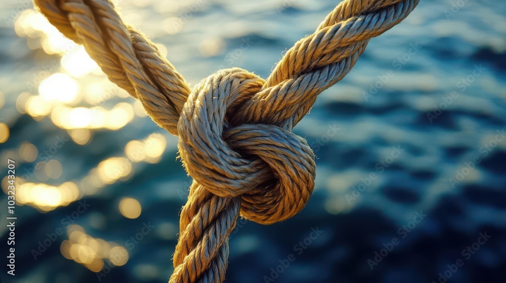 Detailed view of a sailor s knot with the shimmering sea in the background, evoking a sense of peaceful exploration, maritime precision, sense of adventure and tranquility Detailed view of a sailor s knot with the shimmering sea in the background, evoking a sense of peaceful exploration, maritime precision, sense of adventure and tranquility
