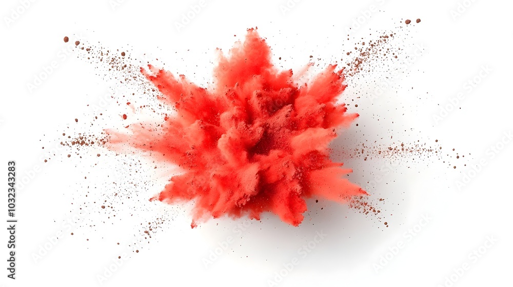 Dramatic and visually striking explosion of rich vibrant chocolate colored powder dispersing in all directions against a clean white background Dramatic and visually striking explosion of rich vibrant chocolate colored powder dispersing in all directions against a clean white background