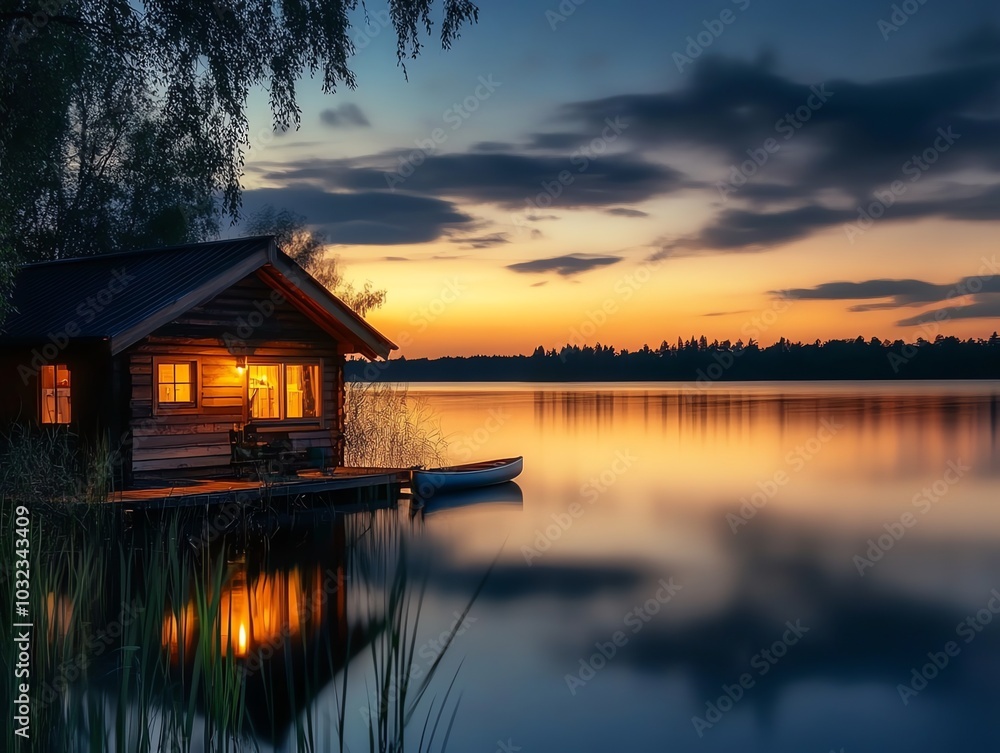 Fototapeta premium A small wooden cabin sits on a lake at sunset, with a small boat tied to the dock. The water is calm and reflects the sky.