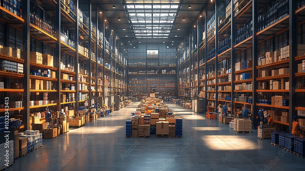 A large warehouse with high shelves filled with boxes. A large warehouse with high shelves filled with boxes.