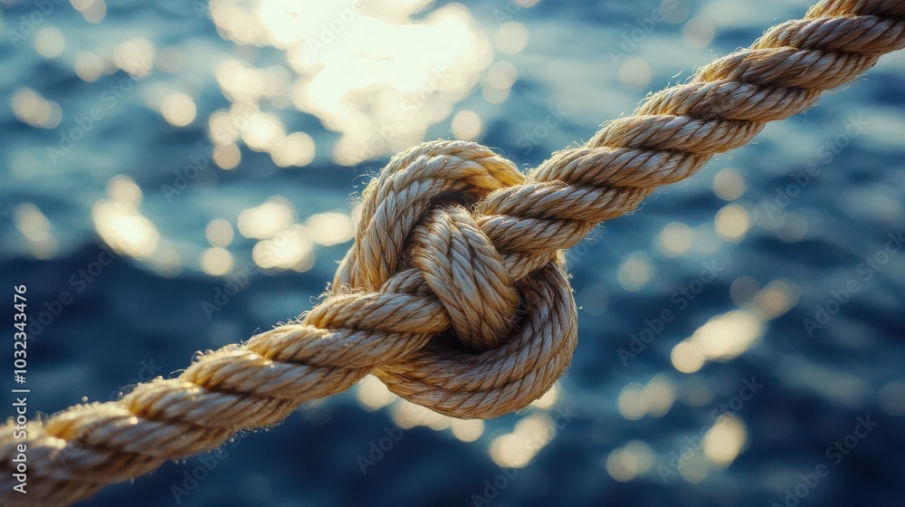 Detailed view of a sailor s knot with the shimmering sea in the background, evoking a sense of peaceful exploration, maritime precision, sense of adventure and tranquility Detailed view of a sailor s knot with the shimmering sea in the background, evoking a sense of peaceful exploration, maritime precision, sense of adventure and tranquility