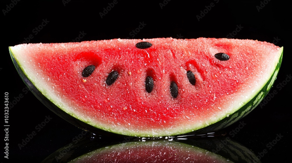 Fresh Watermelon Slice on Black Reflective Surface with Seeds and Water Droplets Fresh Watermelon Slice on Black Reflective Surface with Seeds and Water Droplets