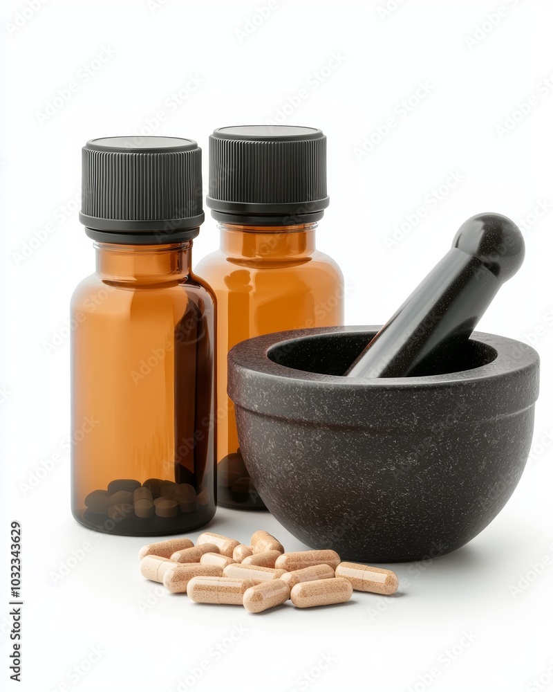 Glass Bottles and Mortar with Herbal Supplements Glass Bottles and Mortar with Herbal Supplements