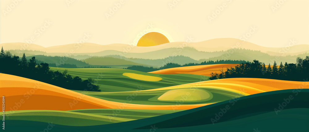 Fototapeta premium Sunrise Over Rolling Hills and Lush Forests