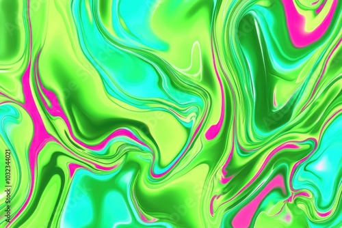 A vibrant, abstract swirl of green, pink, and blue colors, creating a dynamic and fluid design.