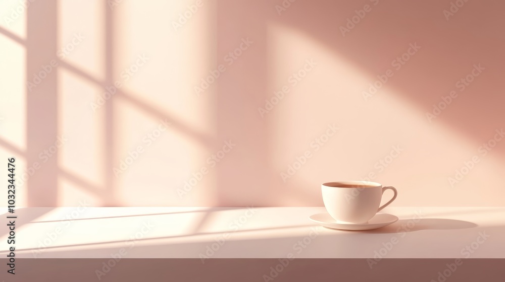 One cup of coffee on plain table, warm lighting, cozy minimalism One cup of coffee on plain table, warm lighting, cozy minimalism