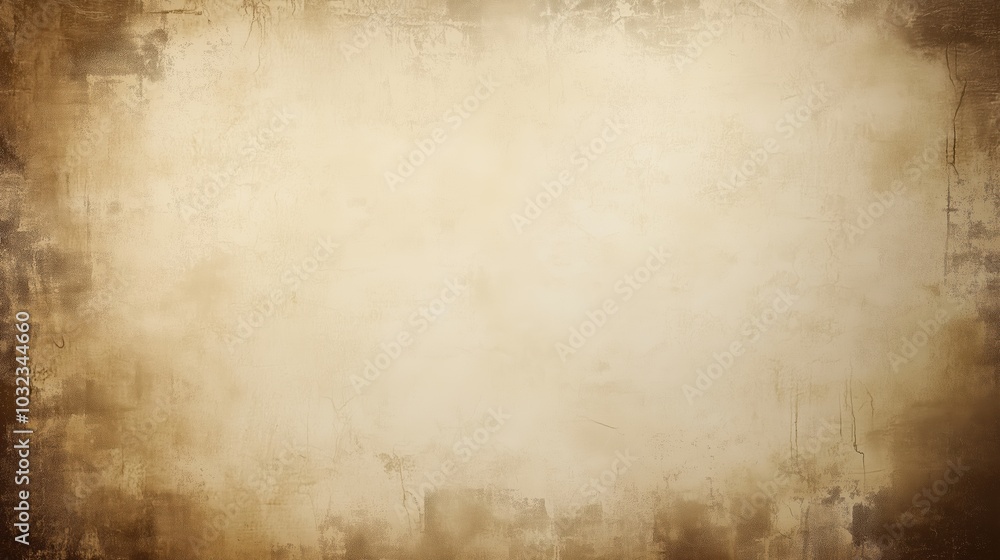 Naklejka premium Vintage grunge paper background with sepia tones, featuring aged texture, grain, and stains. Ideal for retro or text-based RPG game design, this textured background offers a weathered, old paper aesth
