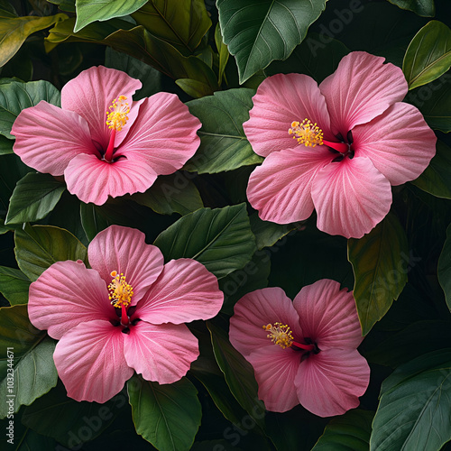 A vibrant arrangement of pink hibiscus flowers surrounded by lush green leaves, showcasing nature's beauty and color.