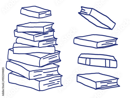 Book sketch set. Hand drawn blue pen or marker drawing. Primitive kids picture