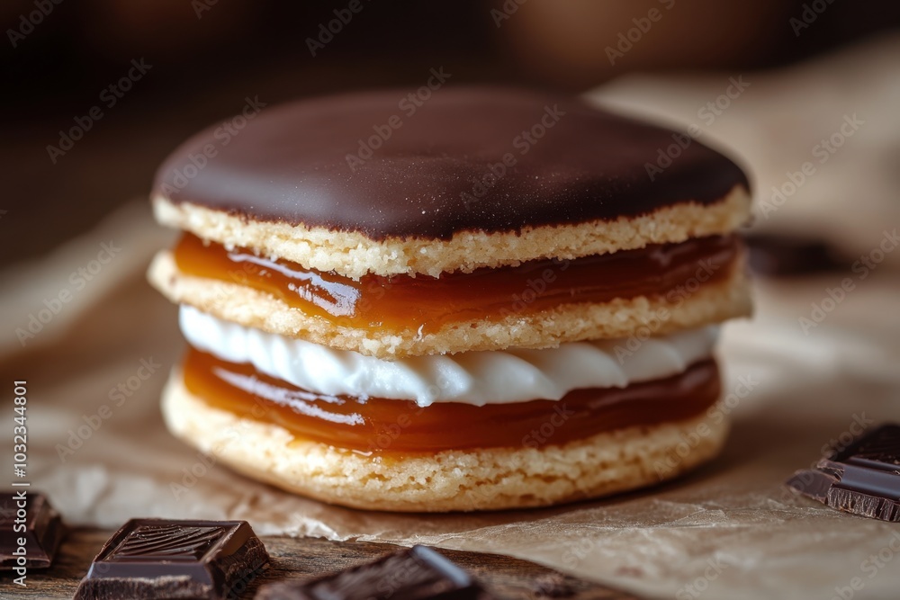 Close-up of a classic alfajor with dulce de leche filling and half-coated in chocolate
Close-up of a classic alfajor with dulce de leche filling and half-coated in chocolate
