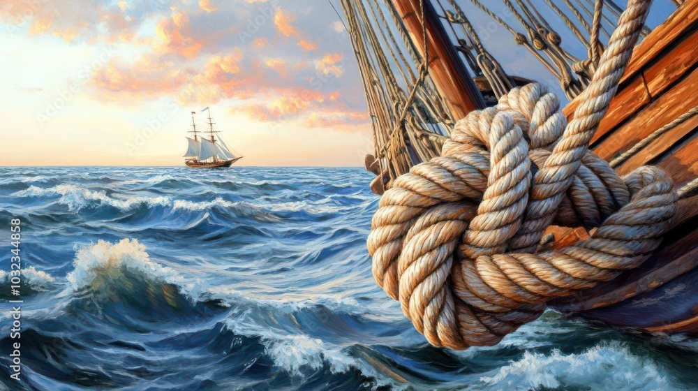 Obraz premium Focus on a weathered rope knot, with gentle waves and a wooden ship sailing under the soft light of dawn, sailing detail, blending tranquility with the spirit of discovery