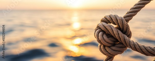 Rope knot firmly tied to the ship s deck, with the sun setting over the ocean, casting golden reflections on the water, maritime journey, evoking peaceful adventure