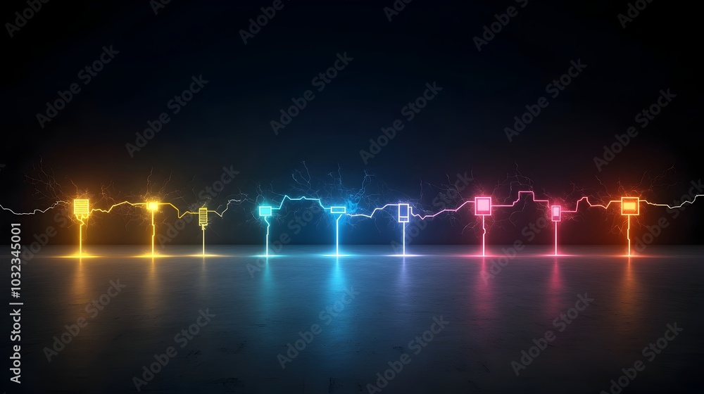 Multicolored electrical sparks glowing and branching out in sharp ...