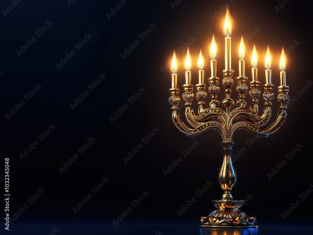 Fototapeta premium A beautifully lit menorah against a dark background, symbolizing the Jewish festival of Hanukkah with glowing candles in elegant detail.