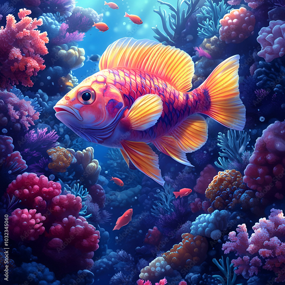 Obraz premium A vibrant fish swims amidst colorful coral reefs, showcasing the beauty of marine life in a vividly illuminated underwater scene.