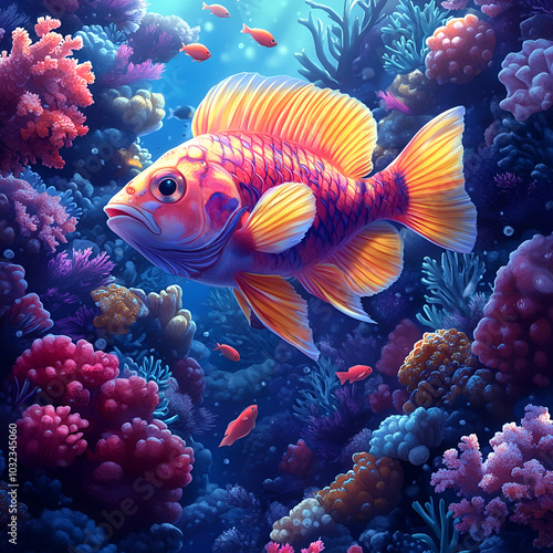 A vibrant fish swims amidst colorful coral reefs, showcasing the beauty of marine life in a vividly illuminated underwater scene.