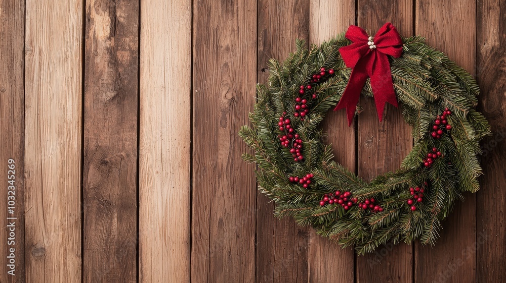 A festive Christmas wreath adorned with red berries and a bow, hanging against a rustic wooden background. A festive Christmas wreath adorned with red berries and a bow, hanging against a rustic wooden background.