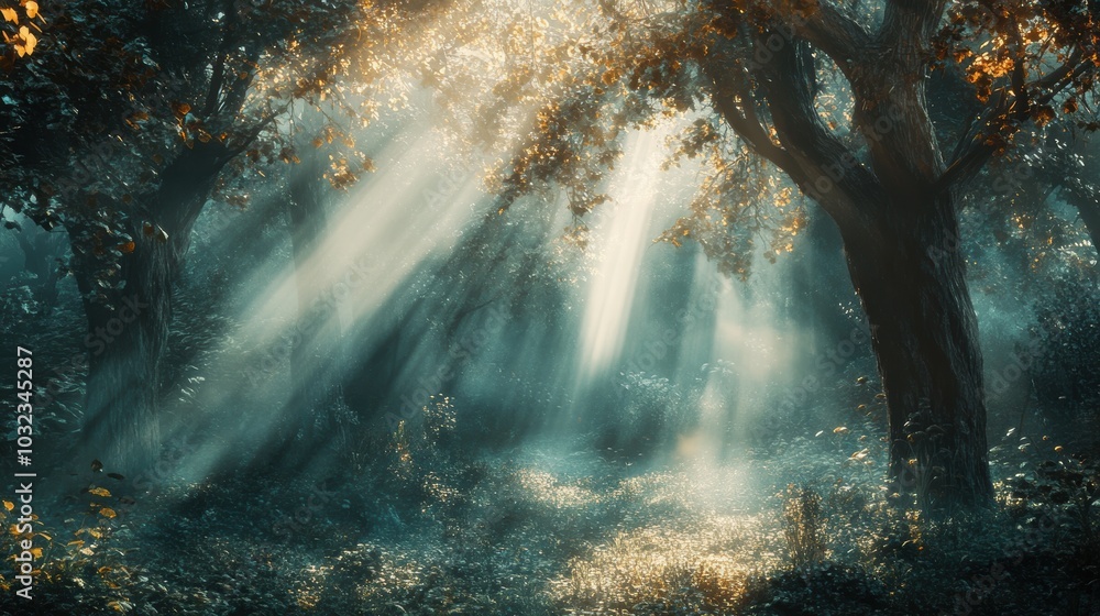 Obraz premium Sunlight streams through misty forest trees.