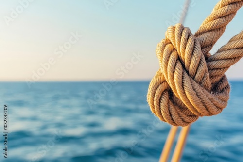 Rope knot on the ship s rigging, set against sparkling water and a clear, open sky, sailing detail, highlighting calm adventure