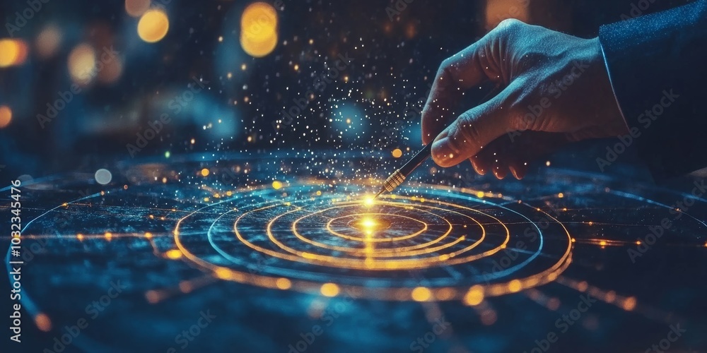 Businessman aims arrow at a virtual target dartboard, precision in setting objectives for business investments for for environmental, social hitting targets in, Generative AI Businessman aims arrow at a virtual target dartboard, precision in setting objectives for business investments for for environmental, social hitting targets in, Generative AI