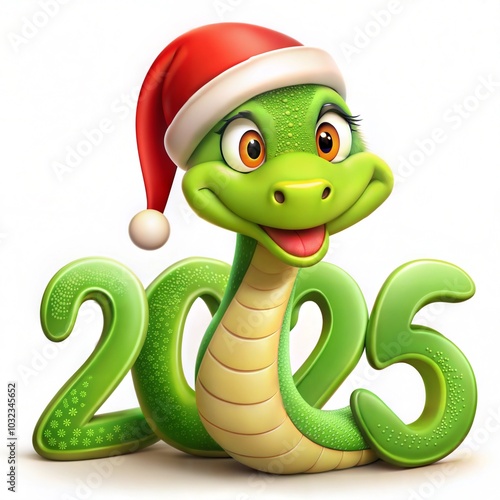 Cute Cheerful 2025: Cartoon Snake with Santa Hatcartoon snake: Symbol of 2025 photo