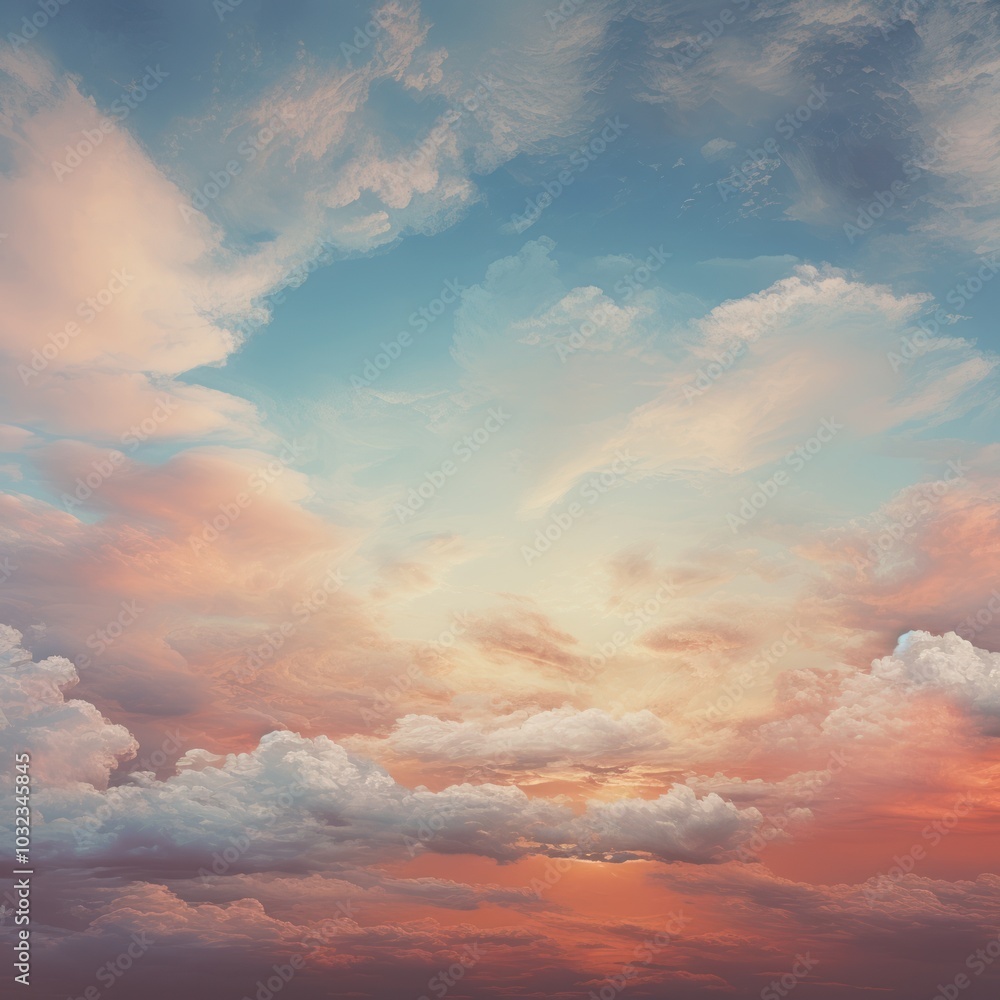 Serene Skyline. Fluffy Cumulus Clouds with Warm Hues and Soft Light. Cloudscape, Skyscape. Beautiful, Aesthetic Scene