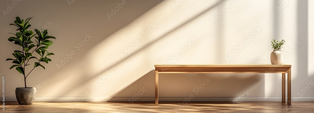 60. A simple wooden table in a soft-lit space, ideal for product display 60. A simple wooden table in a soft-lit space, ideal for product display