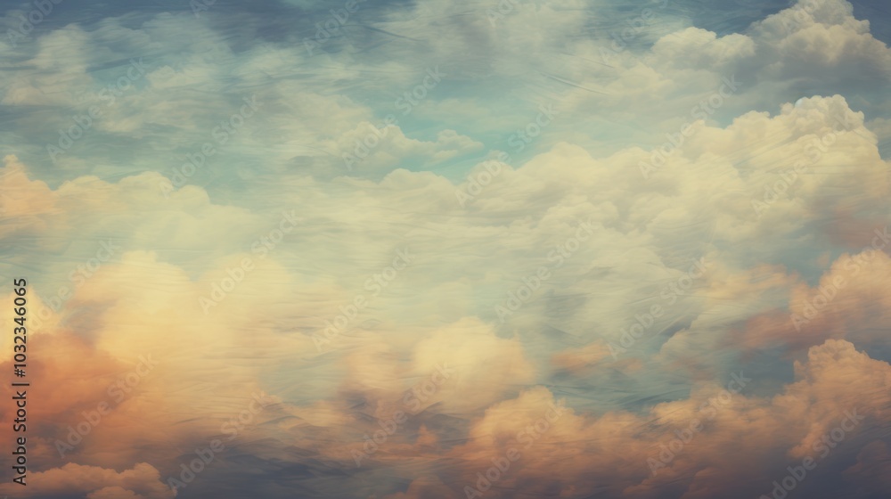 Fototapeta premium Serene Skyline. Fluffy Cumulus Clouds with Warm Hues and Soft Light. Cloudscape, Skyscape. Beautiful, Aesthetic Scene